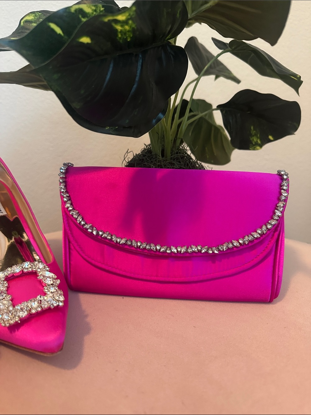 Elegant Hot Pink Rhinestone Trim Evening Clutch